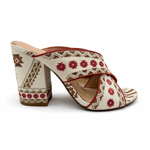 ASH Red Aztec Embroidered Padded Adel Round Toe Block Heel Slip On Heeled Sandal - Picture 3 of 16